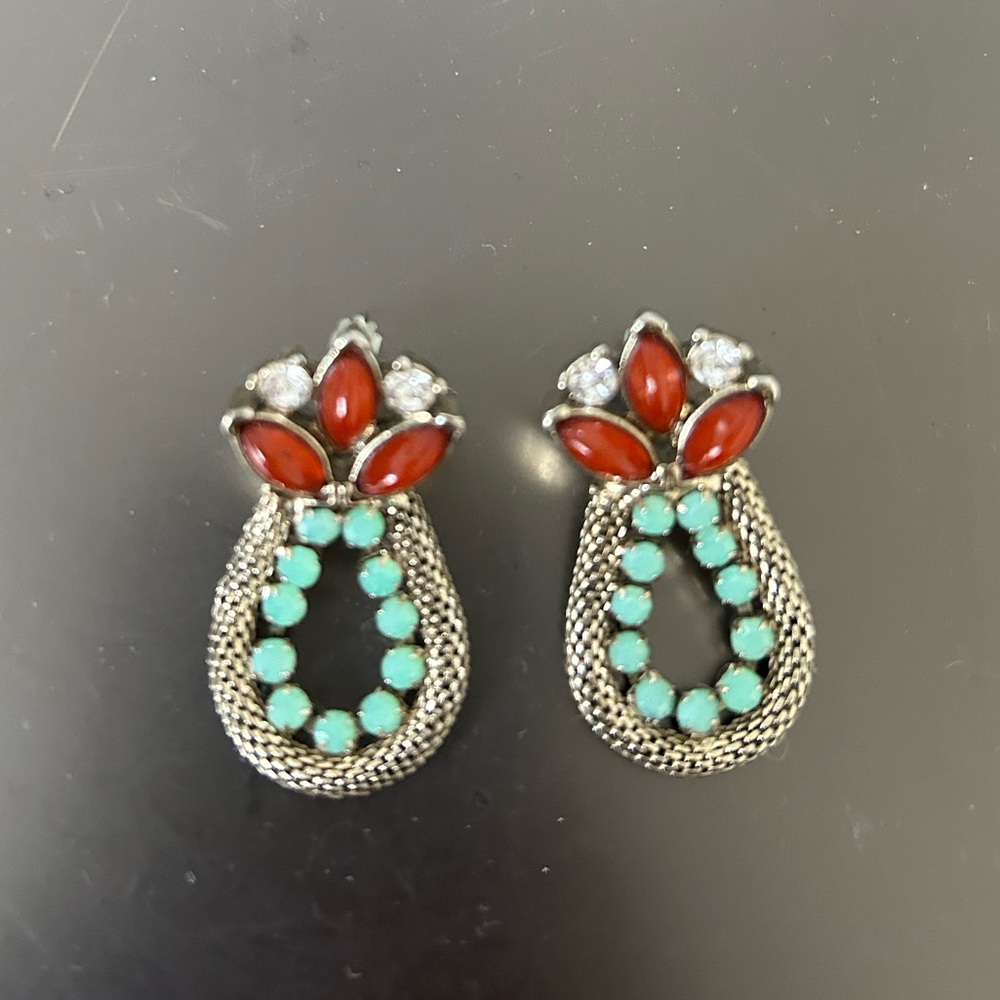 BaubleBar earrings with turquoise and red stones, gold back